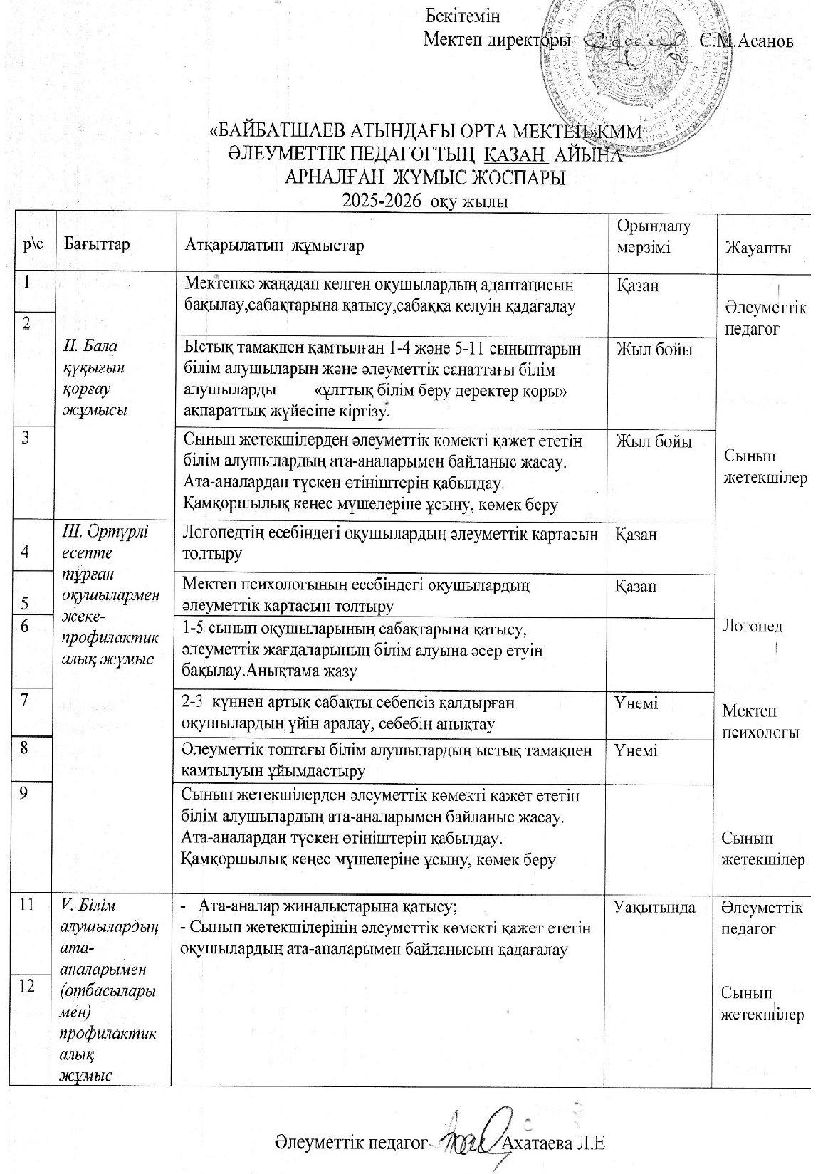 Әлеуметтік педагогтің қыркүйек қазан айларына айлық жоспары 2025-2026ж